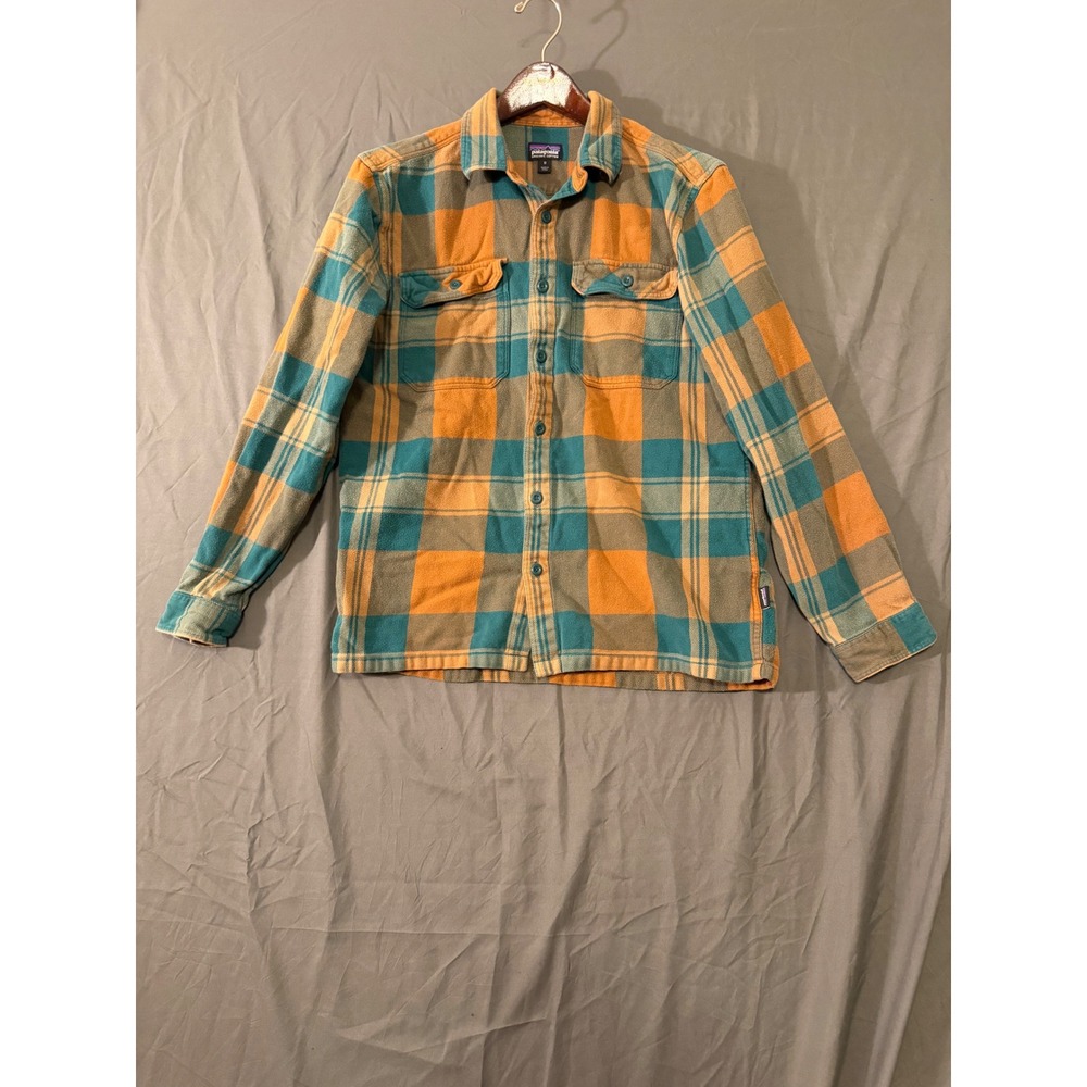 Patagonia Mens Medium Organic Cotton Flannel Plaid Button Down Shirt Orange Teal